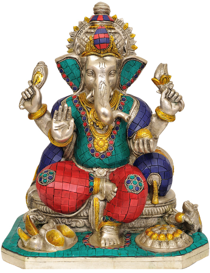 12" Handmade Lord Ganesha Brass Statue With Inlay Work