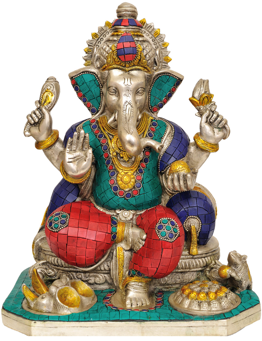 12" Handmade Lord Ganesha Brass Statue With Inlay Work