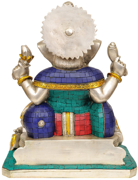 12" Lord Ganesha (With Inlay Work) In Brass | Handmade | Made In India