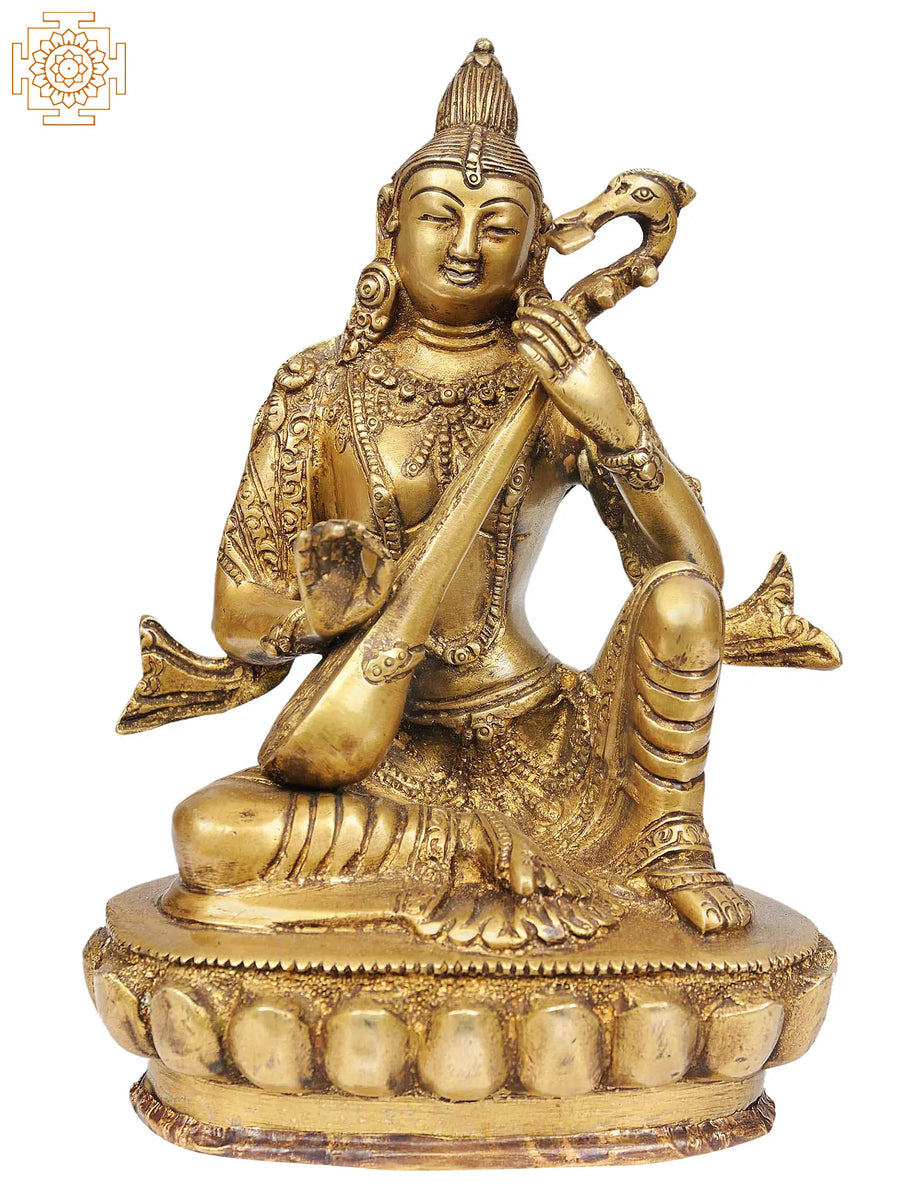 7" Goddess Saraswati Nepalese Brass Statue Handmade