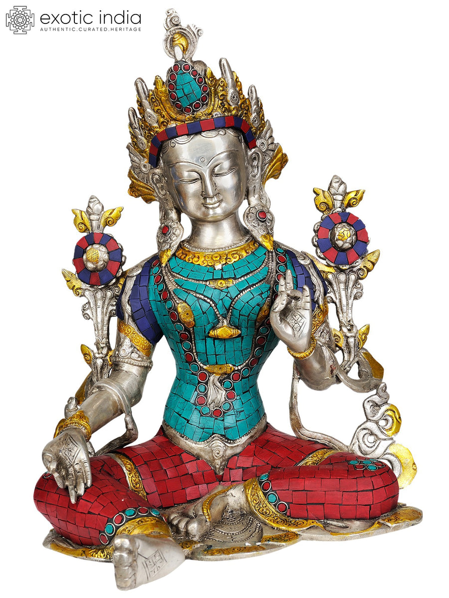 15" Handmade Green Tara Brass Statue for Meditation and Home Decor