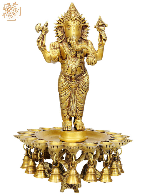 15" Brass Ganesha Lamps with Bells Handmade Statue