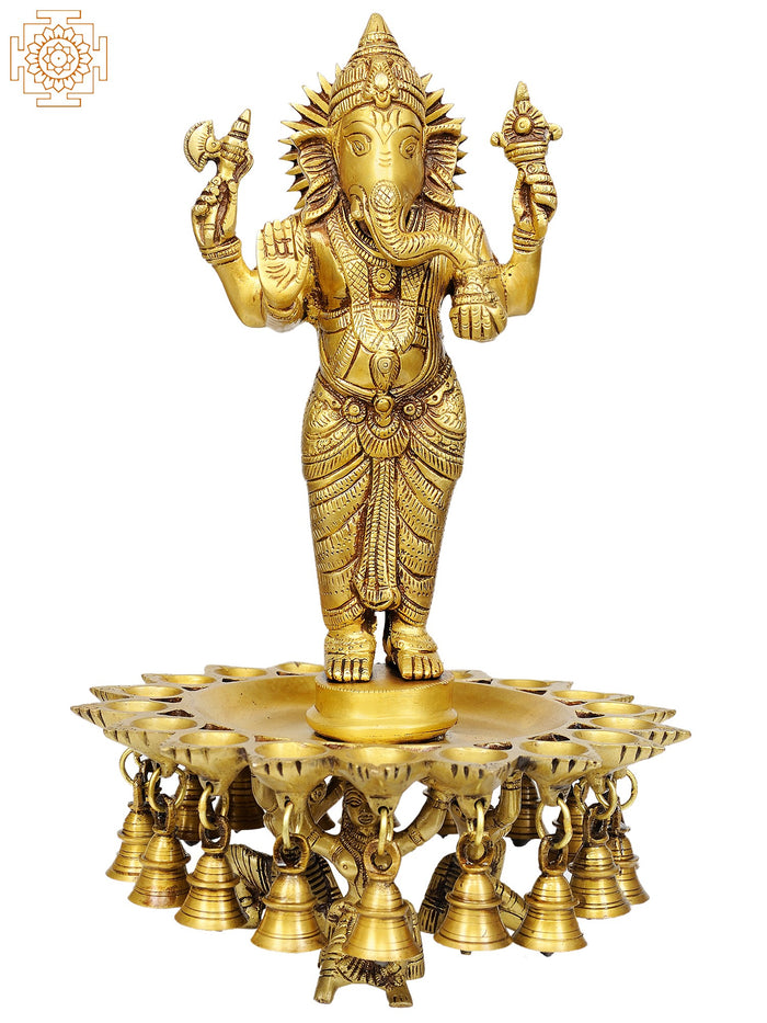 15" Brass Ganesha Lamps with Bells Handmade Statue