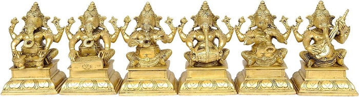 6" Set of Six Musical Ganeshas Brass Statues Handmade
