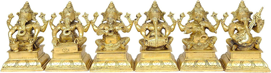 6" Set of Six Musical Ganeshas Brass Statues Handmade