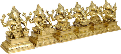 6" Set of Six Musical Ganeshas In Brass | Handmade | Made In India