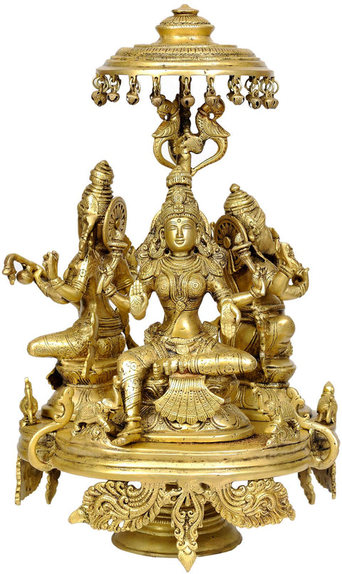 17" The Great Trinity of Ganesha, Lakshmi and Saraswati Seated on Moving Chowki with Parasol In Brass | Handmade | Made In India