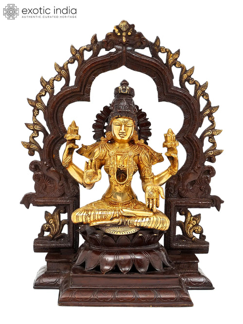 15" Goddess Lakshmi Brass Statue with Floral Prabhavali