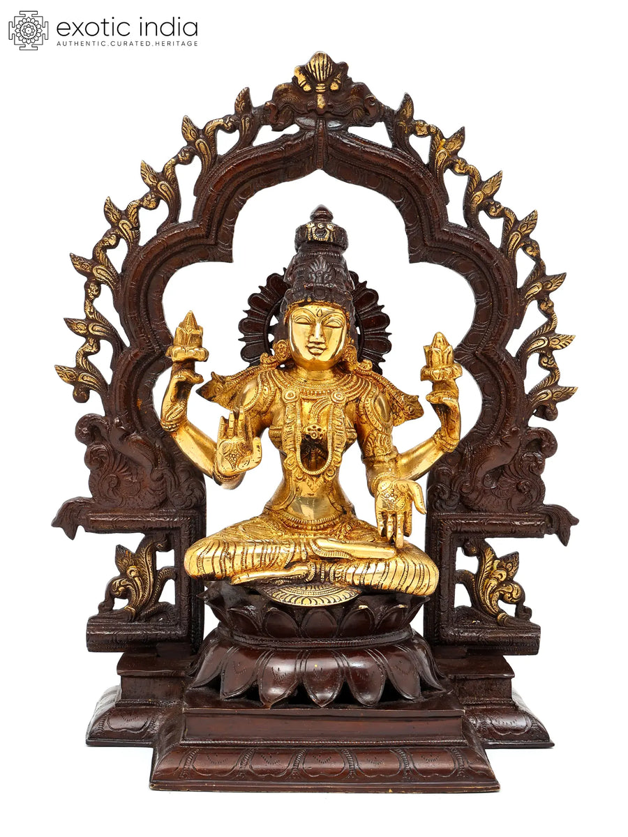 15" Goddess Lakshmi Brass Statue with Floral Prabhavali