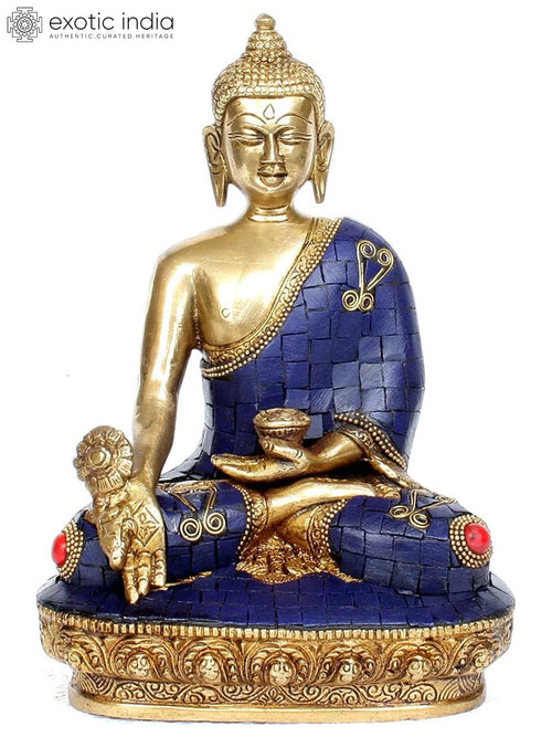 8" Lapis Healing Buddha Brass Statue Handmade