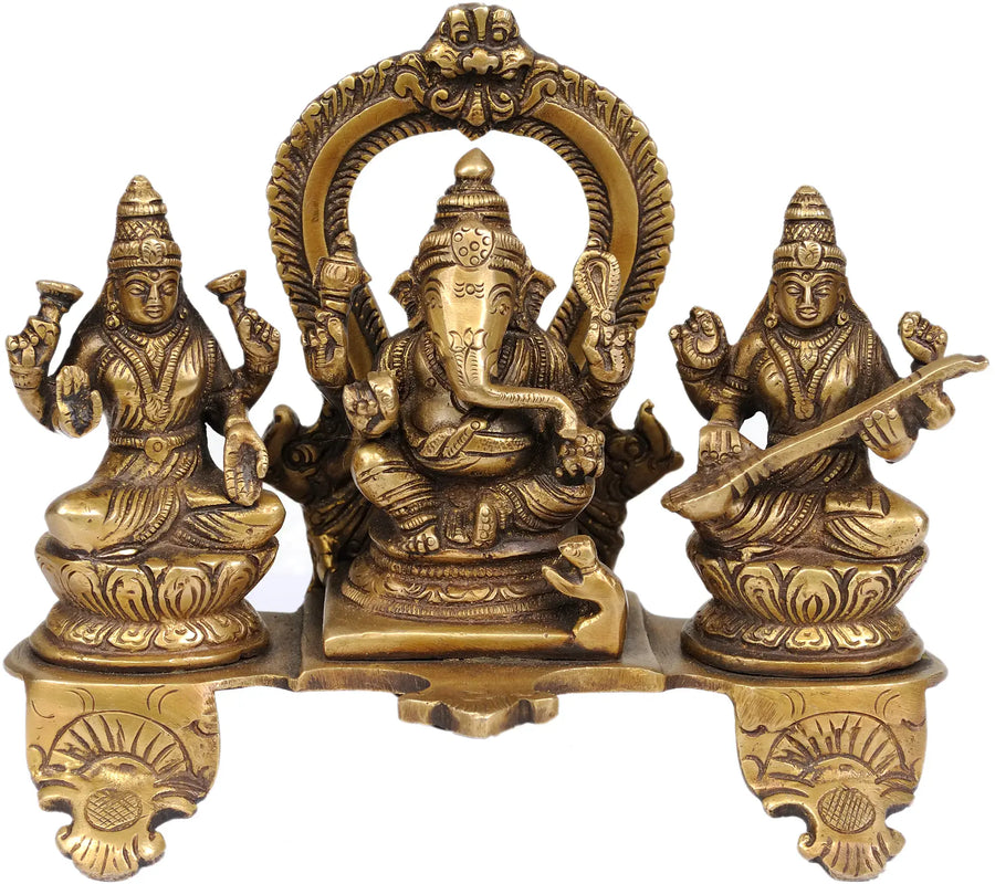5" Lakshmi Ganesha Saraswati Brass Statue Handmade