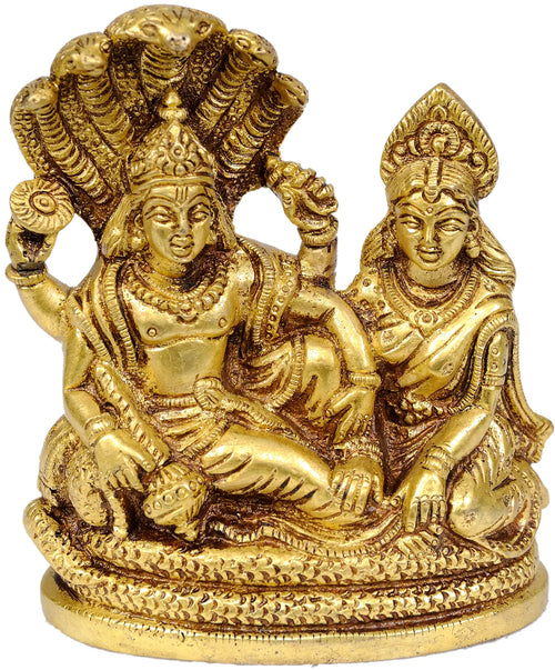 4" Lakshmi-Vishnu Seated on Sheshnag Brass Statue Handmade