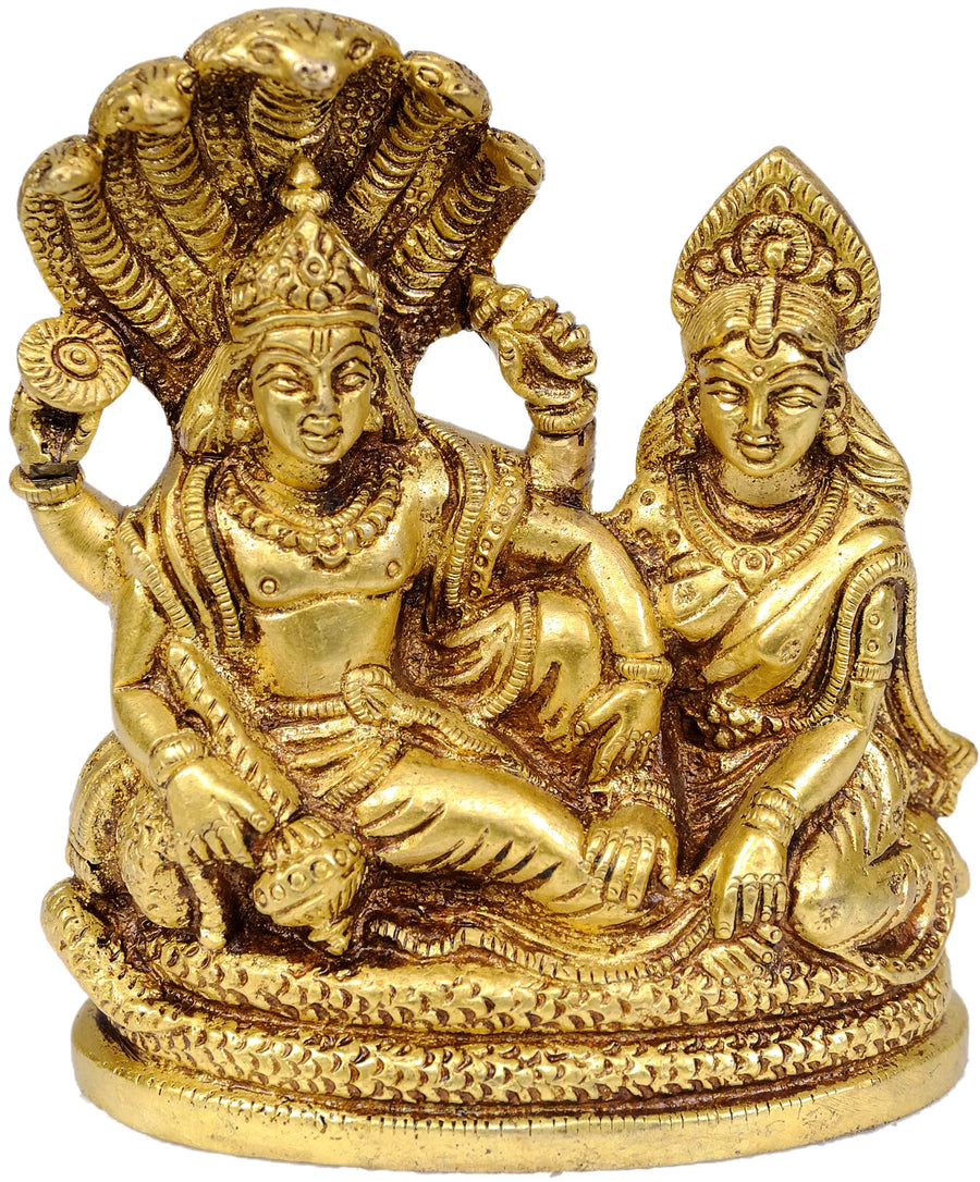 4" Lakshmi-Vishnu Seated on Sheshnag Brass Statue Handmade