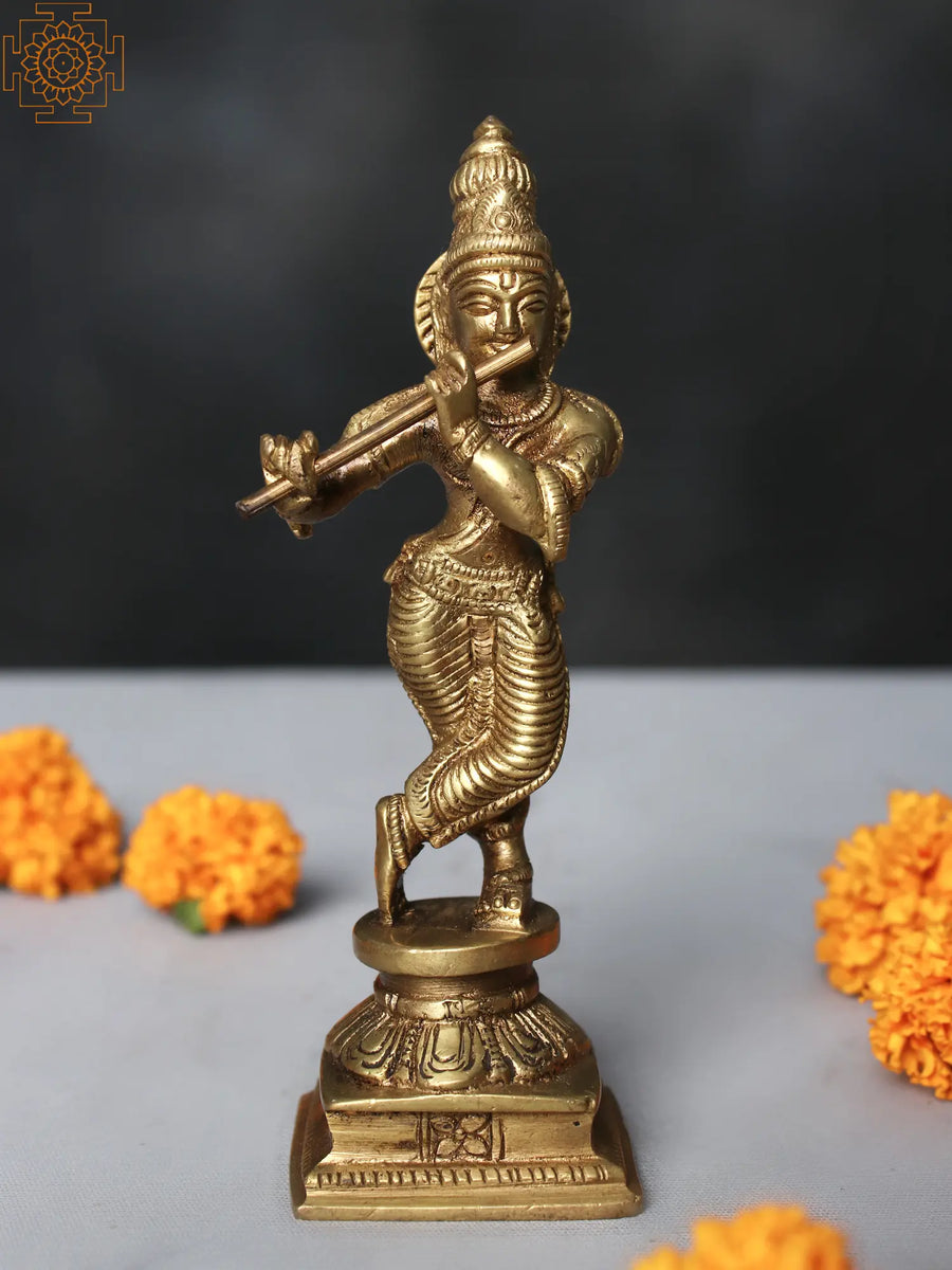 6" Handmade Fluting Krishna Brass Sculpture