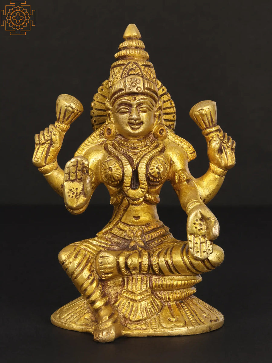 5" Chaturbhuja Maa Lakshmi Handmade Brass Idol for Pooja
