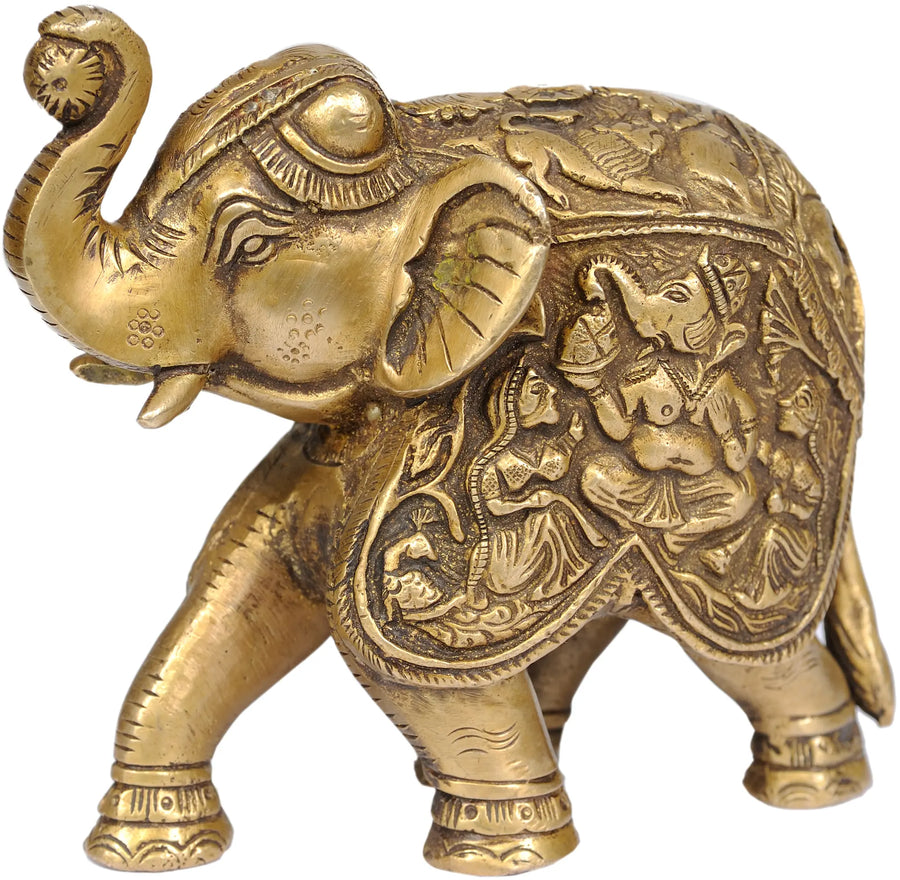 5" Brass Elephant Statue with Ganesha, Riddhi and Siddhi Carved Trunk