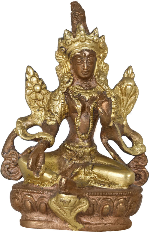 4" Green Tara Brass Statue - Handmade Compassionate Devi Idol