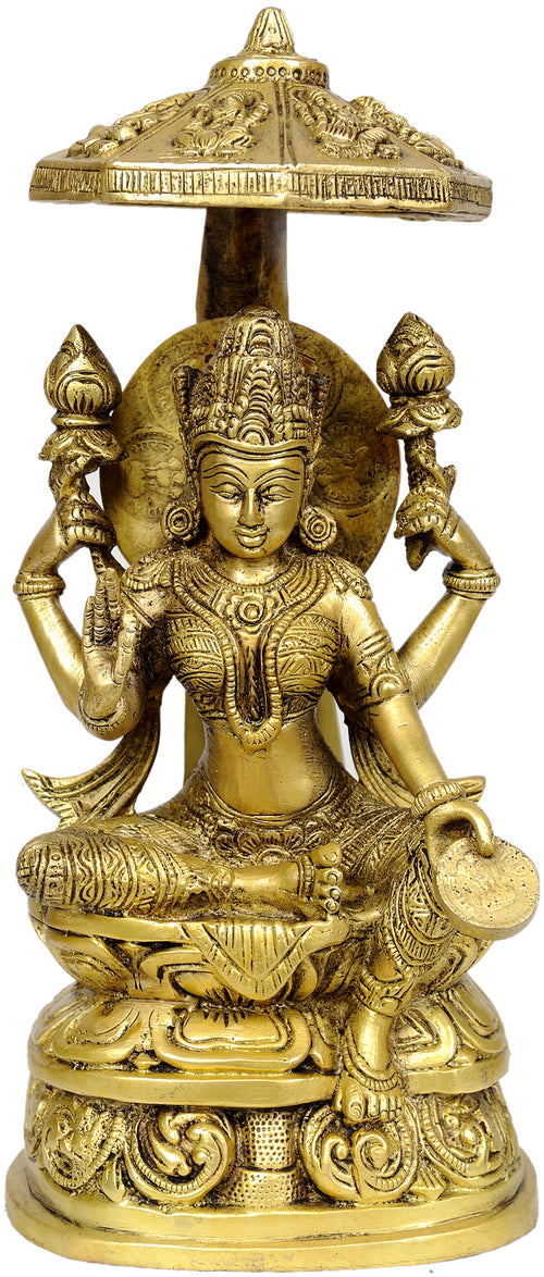 10" Lakshmi Goddess Brass Statue for Wealth and Prosperity