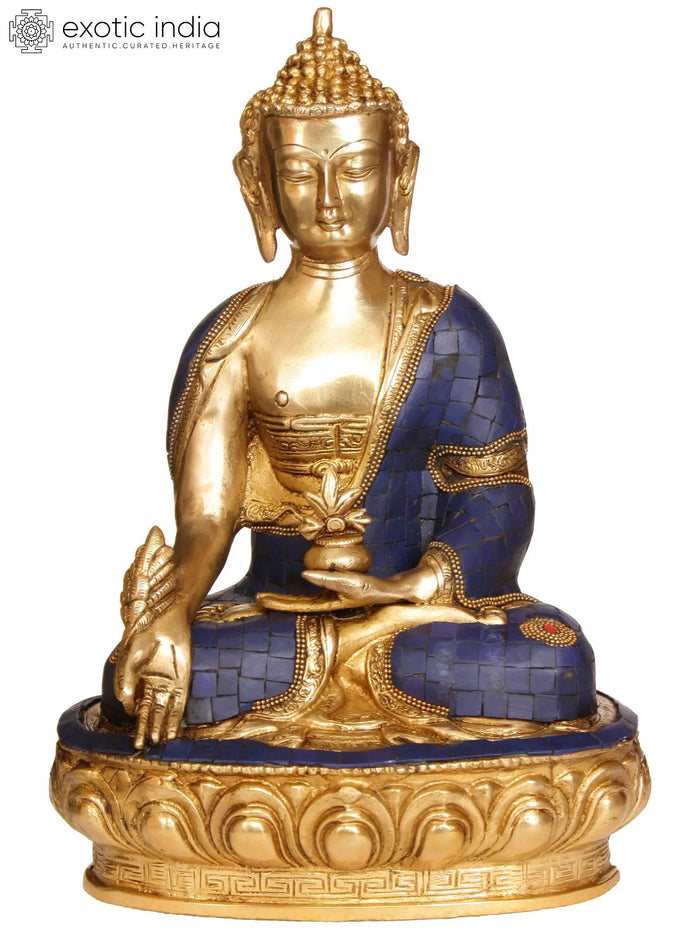 12" Lapis Healing Buddha Brass Sculpture for Meditation