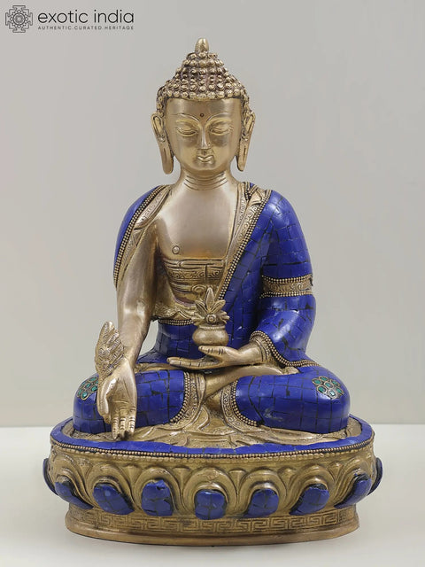 12" Lapis Healing Buddha Brass Sculpture | Tibetan Buddhist Deity Idols