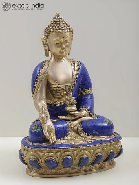 12" Lapis Healing Buddha Brass Sculpture | Tibetan Buddhist Deity Idols