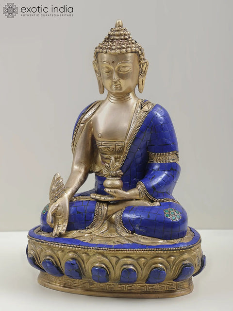 12" Lapis Healing Buddha Brass Sculpture | Tibetan Buddhist Deity Idols
