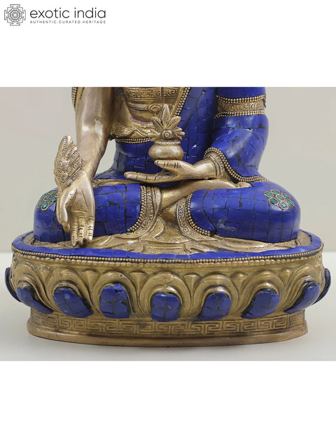 12" Lapis Healing Buddha Brass Sculpture | Tibetan Buddhist Deity Idols