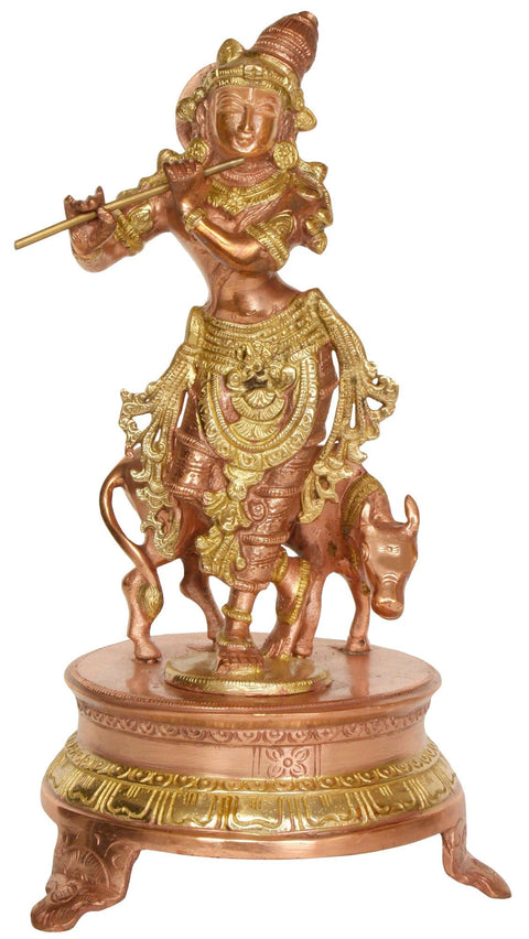 10" Brass Venugopala Idol (Fluting Krishna with His Cow) | Handmade Brass Statue