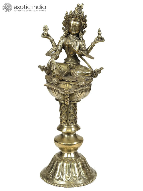 12" Brass Goddess Lakshmi Nepalese Statue with Oil Lamp Handmade