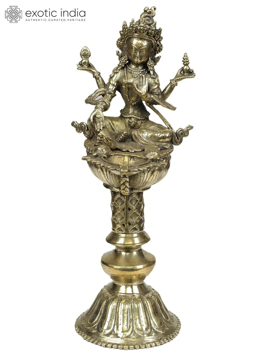 12" Brass Goddess Lakshmi Nepalese Statue with Oil Lamp Handmade