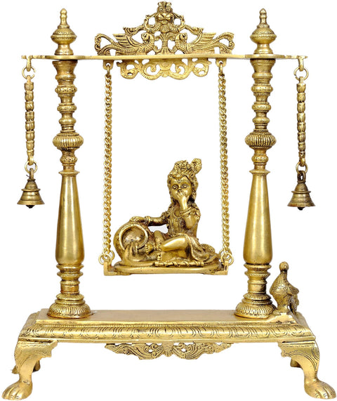 16" Butter Krishna on a Swing In Brass | Handmade | Made In India