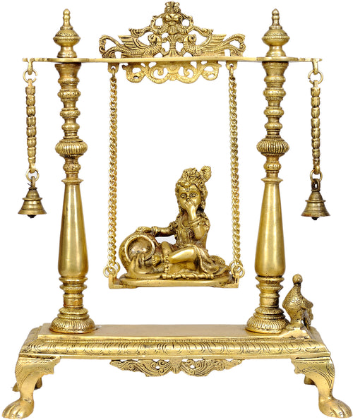 16" Handmade Brass Krishna on Swing Statue