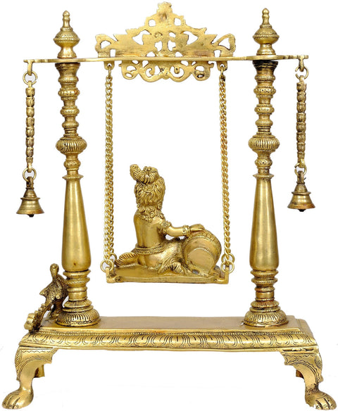 16" Butter Krishna on a Swing In Brass | Handmade | Made In India