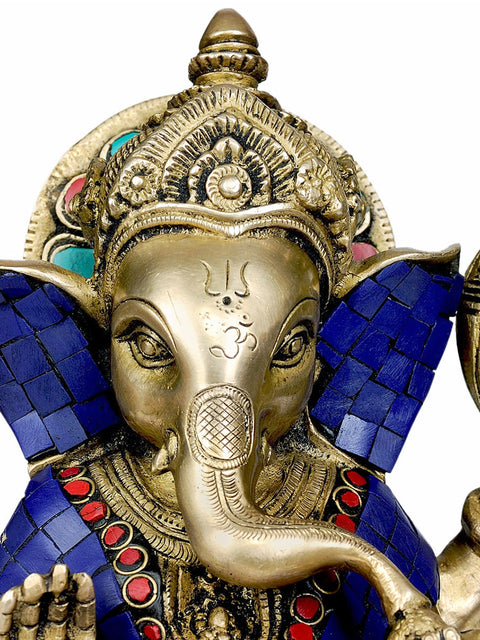 8" Lapis Ganesha Granting Abhaya In Brass | Handmade | Made In India