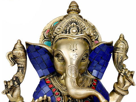 8" Lapis Ganesha Granting Abhaya In Brass | Handmade | Made In India