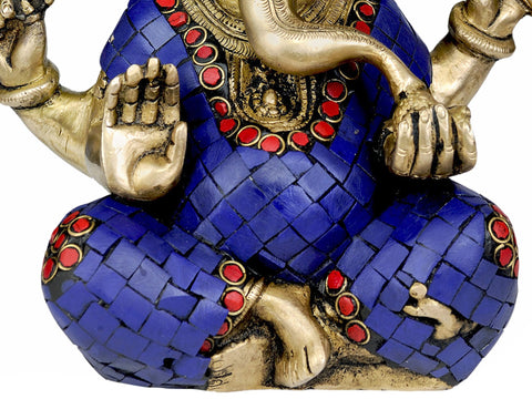 8" Lapis Ganesha Granting Abhaya In Brass | Handmade | Made In India