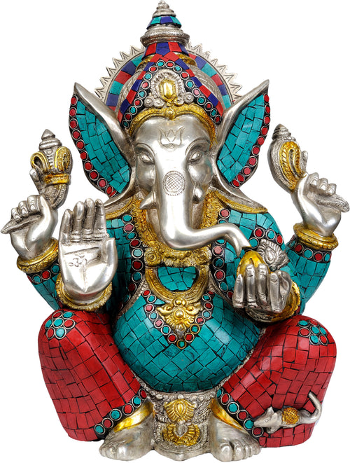 13" Handmade Lord Ganesha Seated Brass Idol for Pooja