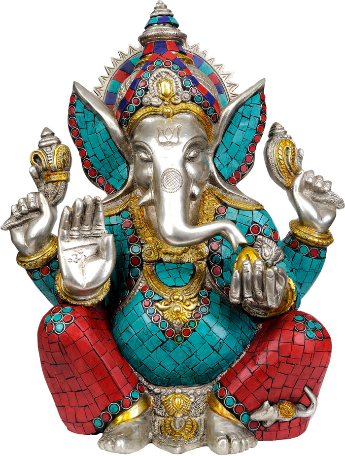 13" Handmade Lord Ganesha Seated Brass Idol for Pooja