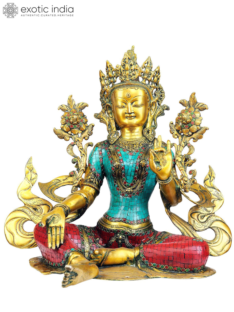 18" Green Tara Brass Statue - Tibetan Buddhist Deity Handmade