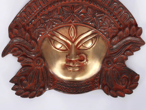 11"  Goddess Kali Face Idol in Brass | Handmade Wall Hanging Statue