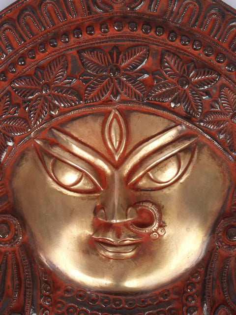 11"  Goddess Kali Face Idol in Brass | Handmade Wall Hanging Statue