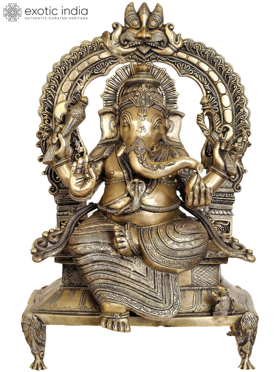 28" Handmade Brass Ganesha Statue with Mahakala Arch Throne