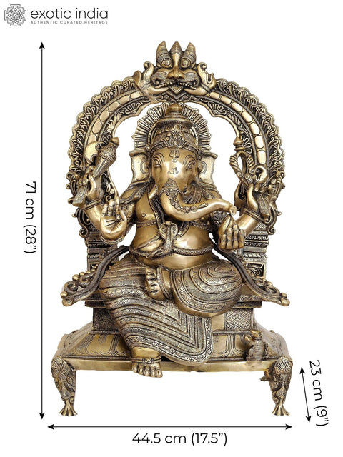 28" Large Size Majestic Ganesha Enshrining the Throne with Mahakala Arch | Handmade Brass Statue