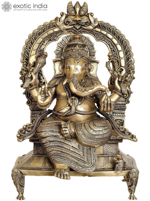28" Large Size Majestic Ganesha Enshrining the Throne with Mahakala Arch | Handmade Brass Statue