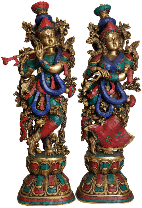 28" Radha Krishna Brass Inlay Statue Handmade