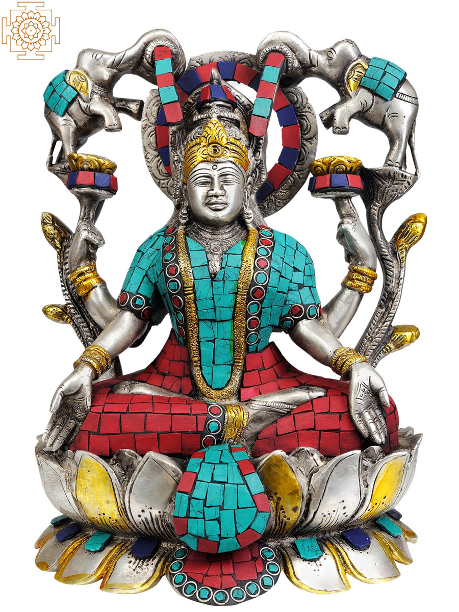 10" Brass Goddess Lakshmi with Elephants Inlay Statue Handmade