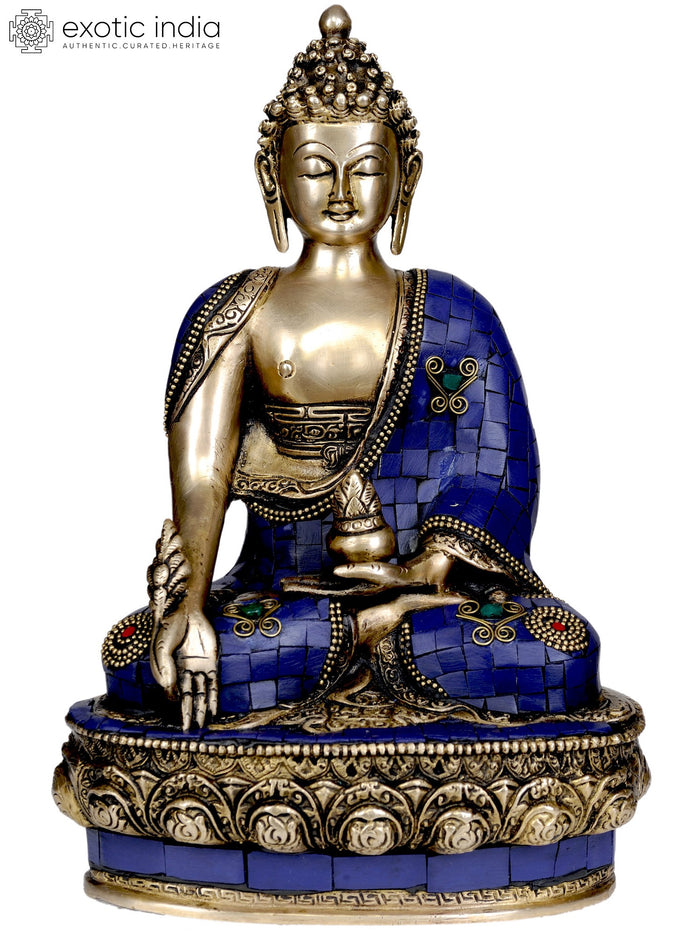 13" Lapis Healing Buddha Brass Statue Handmade