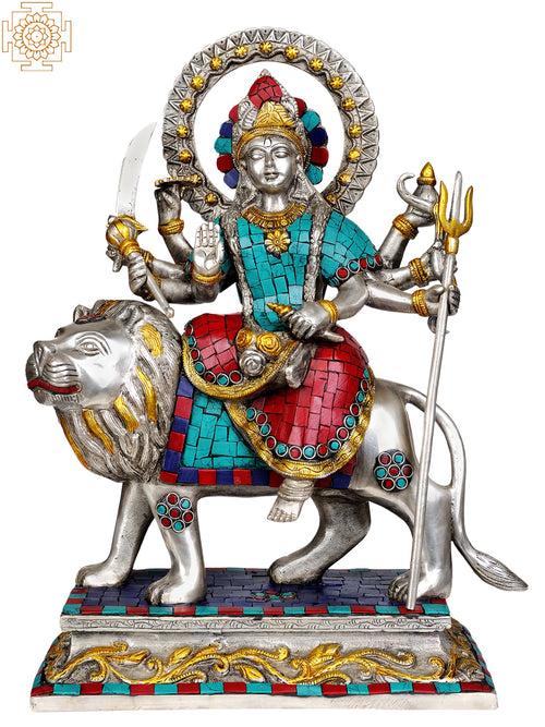 13" Brass Goddess Durga Inlay Statue Handmade