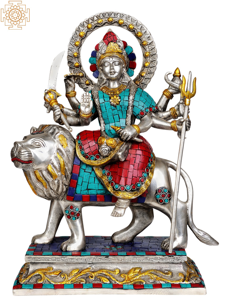 13" Brass Goddess Durga Inlay Statue Handmade