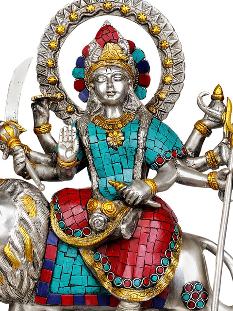 13" Goddess Durga (Inlay Statue) In Brass | Handmade | Made In India